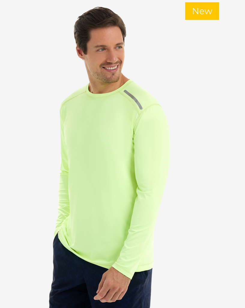 Man wearing long sleeve jet tee shirt in neon yellow. (Style 12002) - BloqUV