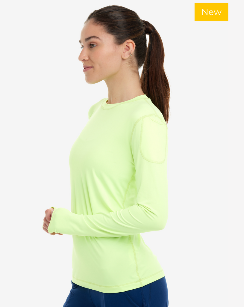 Women wearing neon yellow long sleeve 24/7 shirt with navy joggers. (Style 2001) - BloqUV