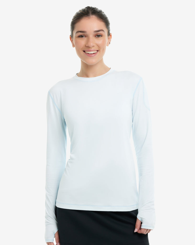 Women wearing ice blue long sleeve 24/7 shirt. (Style 2001) - BloqUV