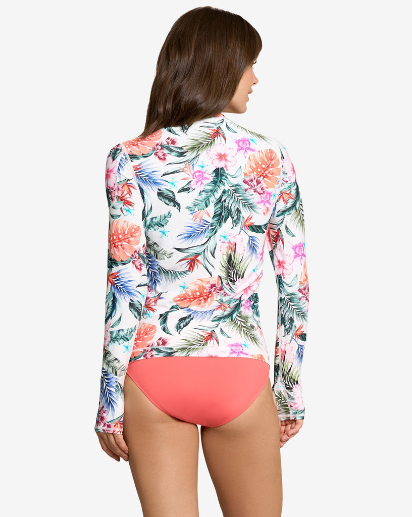 Women wearing printed white top with Hawaiian print long sleeve 24/7 shirt with swimsuit bottom. (Style 2001J) - BloqUV