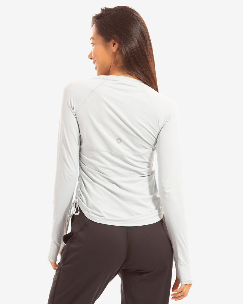 Women wearing soft grey long sleeve drawstring crew with black joggers. Picture shows back of shirt. (Style 2006) - BloqUV