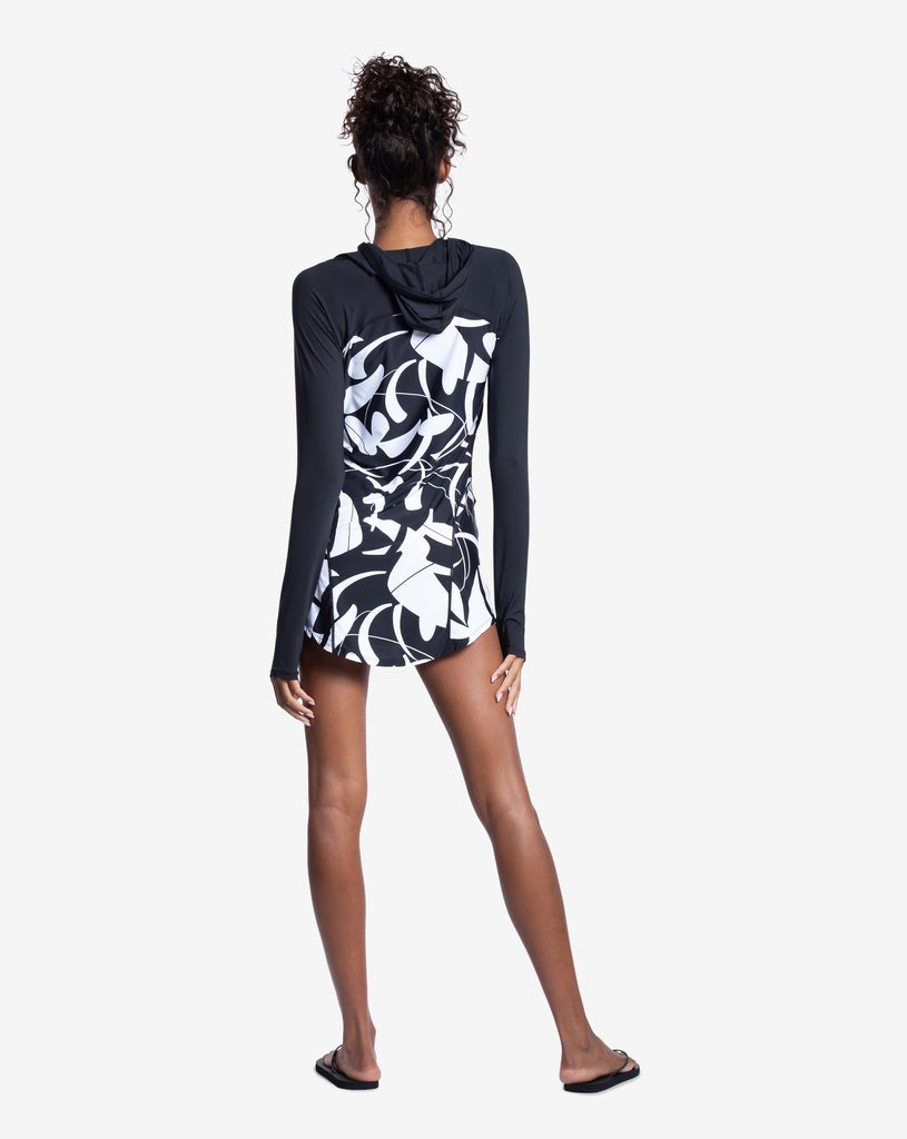 Women wearing botanical domino hoodie dress. Picture shows back of dress. (Style 2009J) - BloqUV