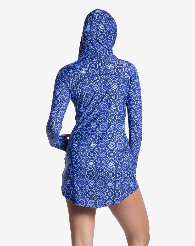 Women wearing moroccan tile hoodie dress. Picture shows back of dress. (Style 2009J) - BloqUV