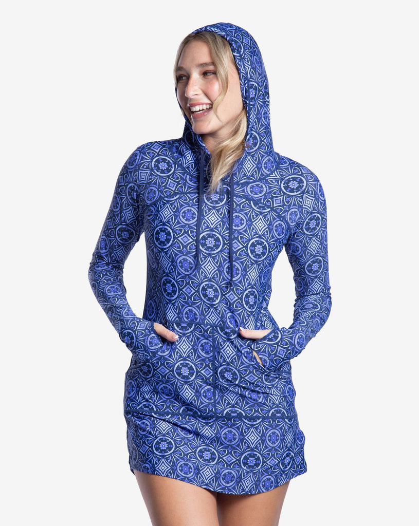Women wearing moroccan tile hoodie dress. (Style 2009J) - BloqUV