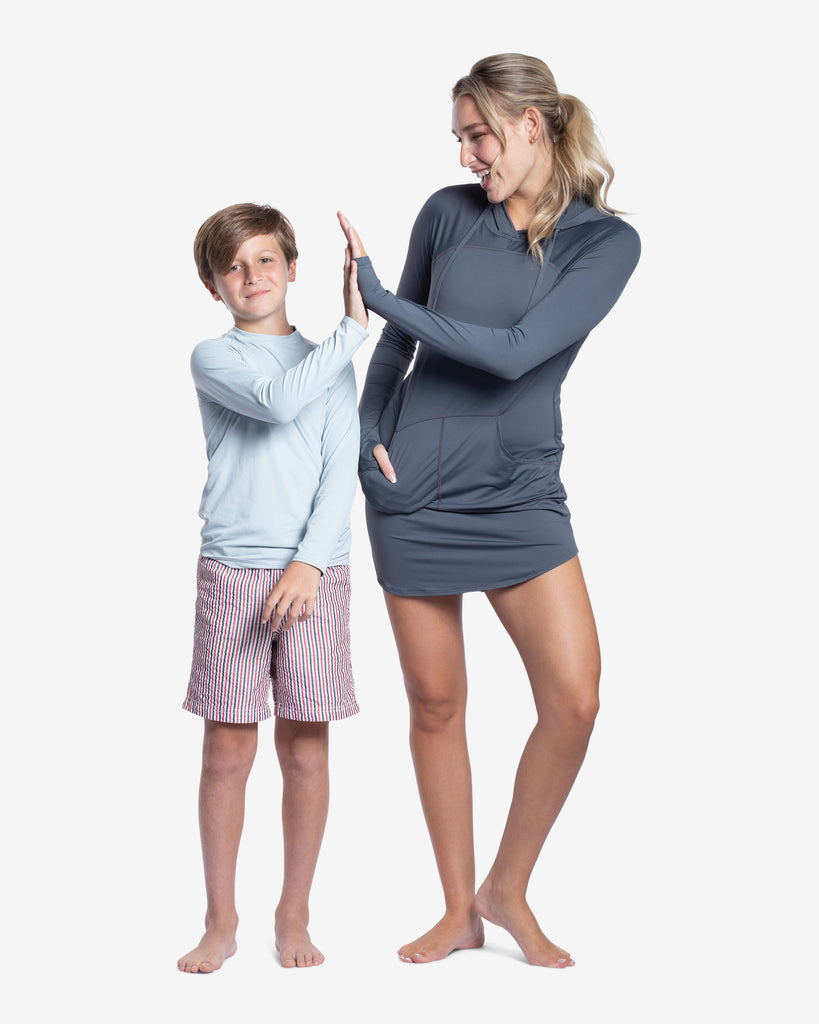Women wearing smoke hoodie dress with boy wearing soft grey BloqUV. (Style 2009) - BloqUV