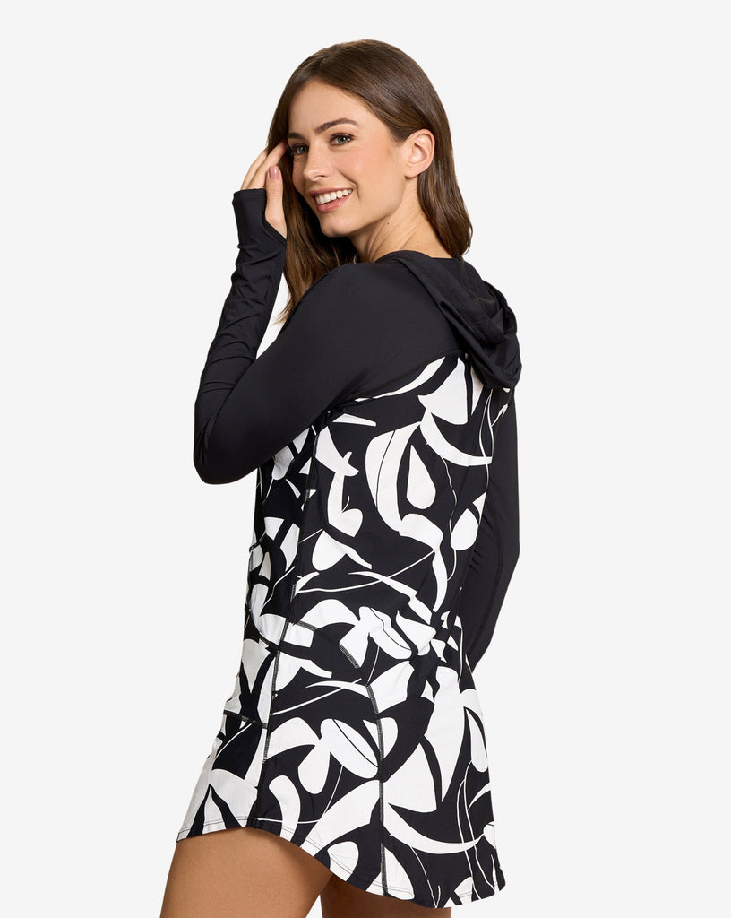 Women wearing botanical domino hoodie dress. (Style 2009J) - BloqUV
