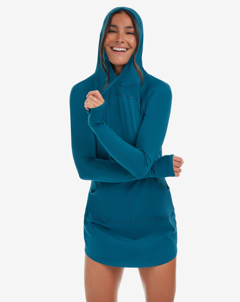Women wearing deep lagoon hoodie dress. (Style 2009) - BloqUV