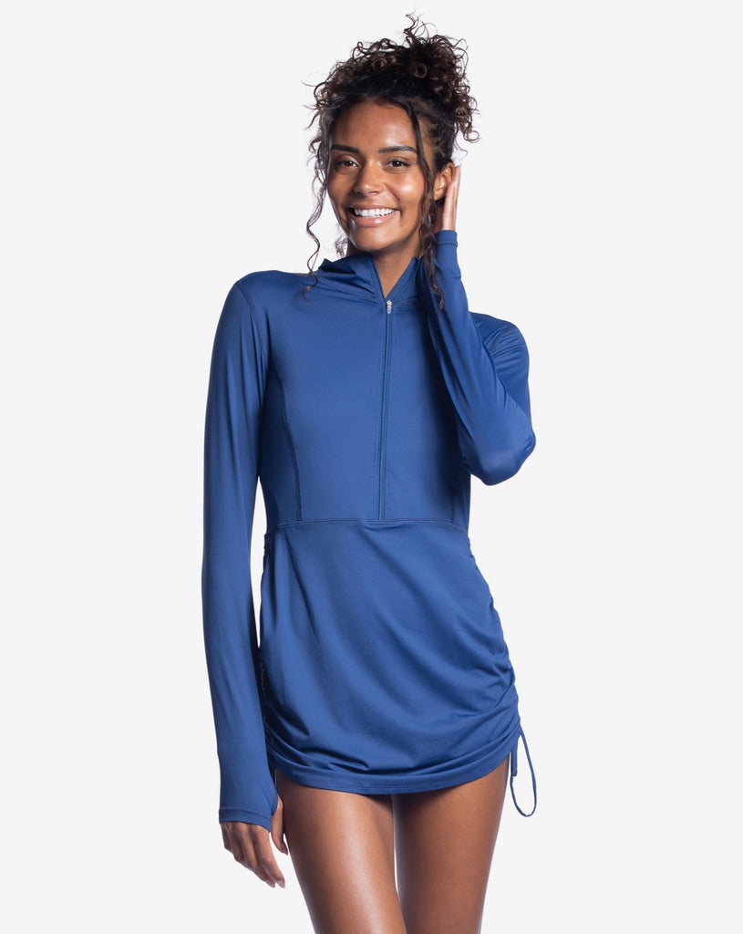 Women wearing navy relaxed cover up dress. (Style 2011) - BloqUV