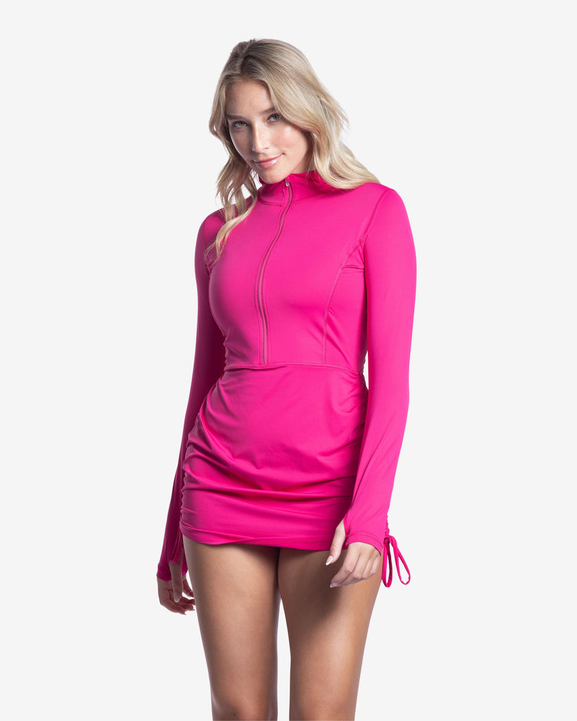 Women wearing passion pink relaxed cover up dress. (Style 2011) - BloqUV