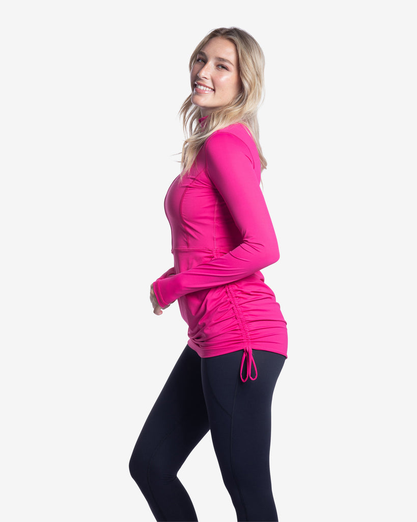 Women wearing passion pink relaxed cover up dress with black tights. (Style 2011) - BloqUV