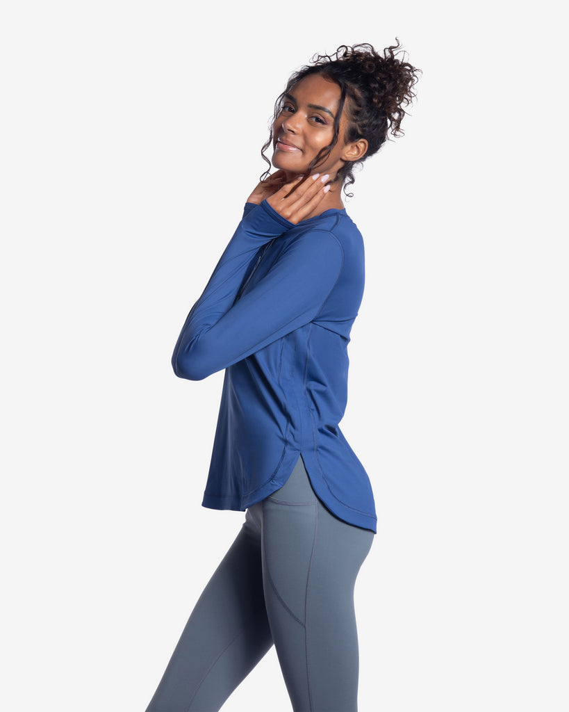 Women wearing navy relaxed scallop top with smoke tights. (Style 2015) - BloqUV