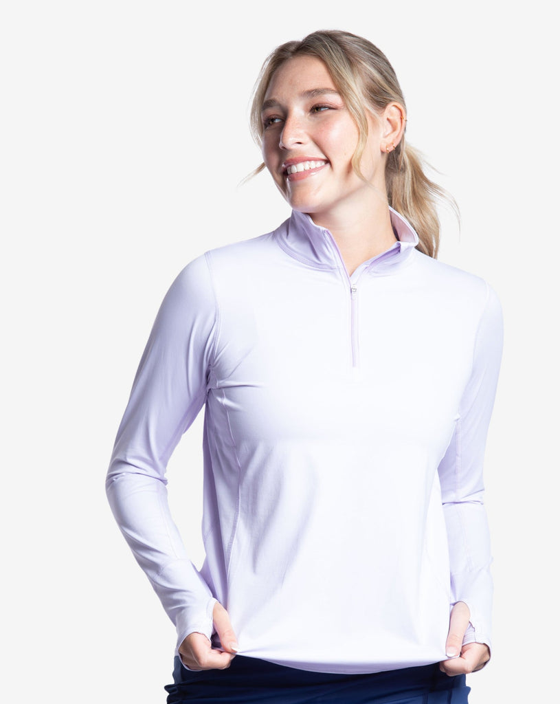 Women wearing lavender relaxed mock zip top. (Style 3002) - BloqUV