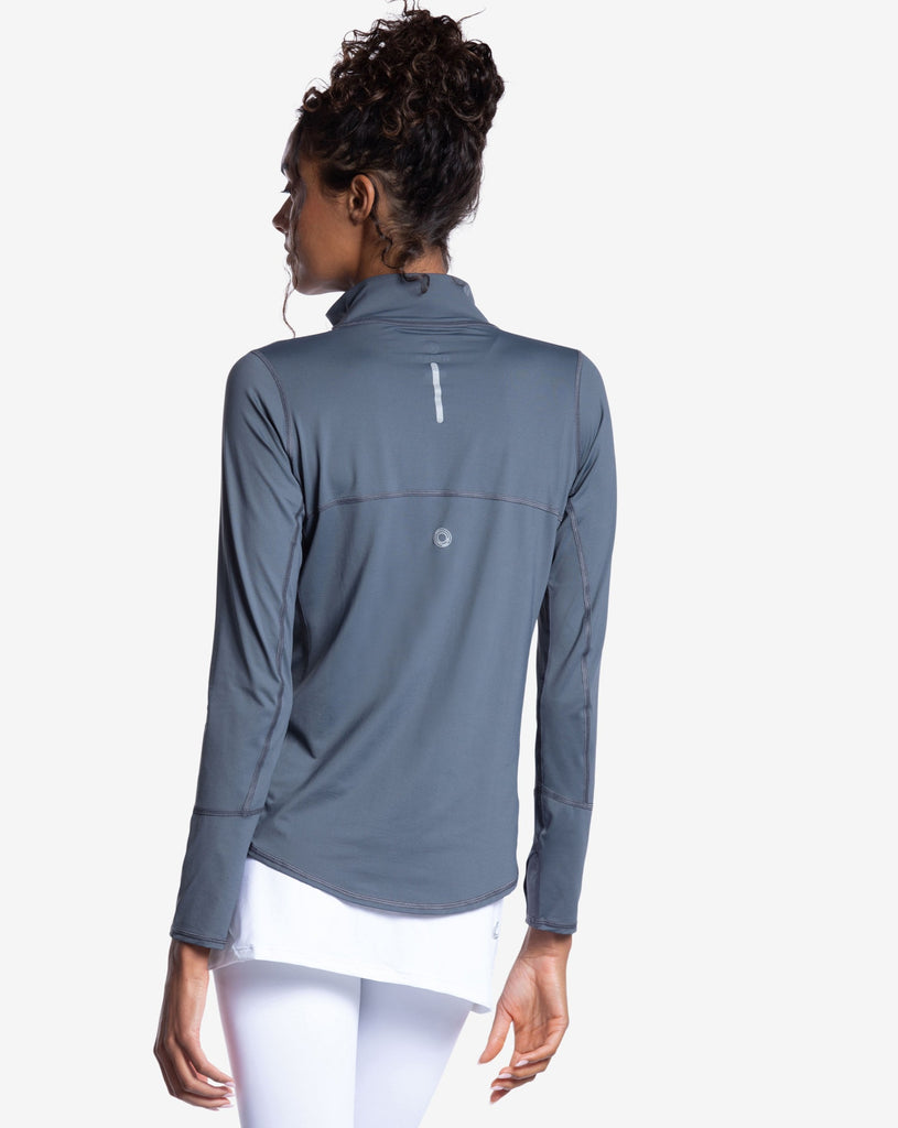 Women wearing smoke relaxed mock zip top. Picture shows back of the shirt with reflector. (Style 3002) - BloqUV