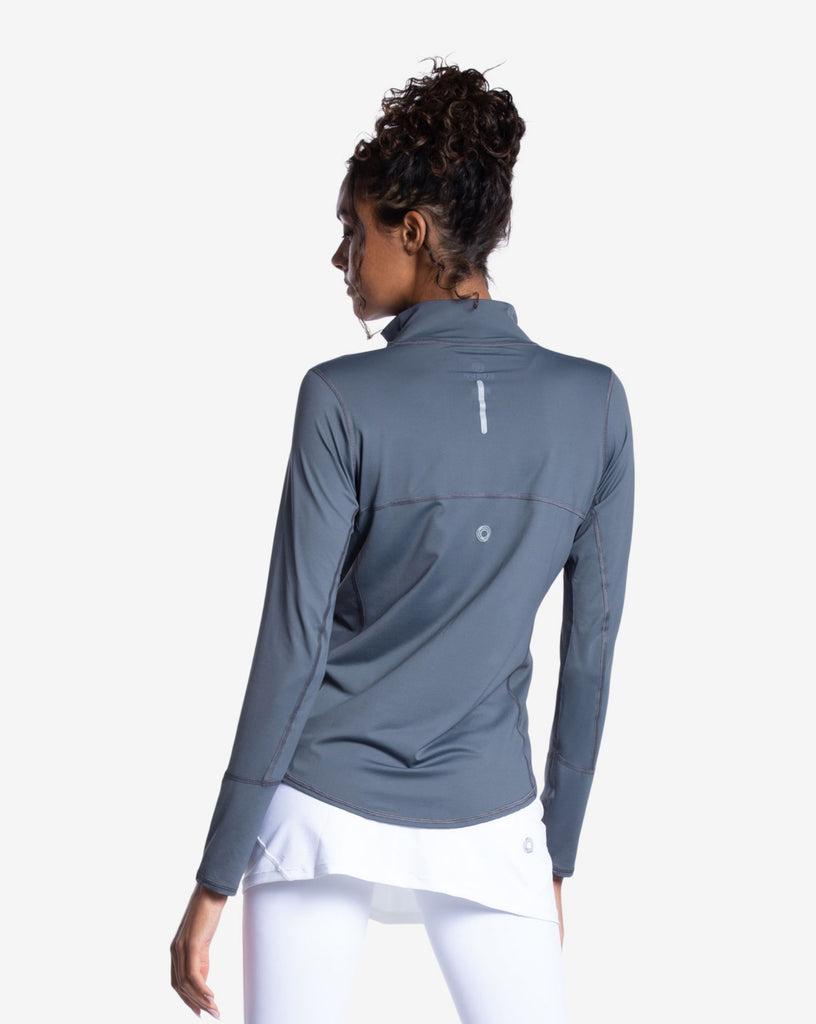 Women wearing smoke relaxed mock zip top. Picture shows back of the shirt with reflector. (Style 3002) - BloqUV