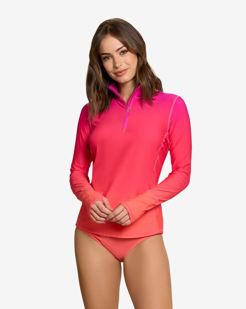 Women wearing ombre flowers of the sun long sleeve relaxed mock zip top with swimsuit bottom. (Style 3002J) - BloqUV