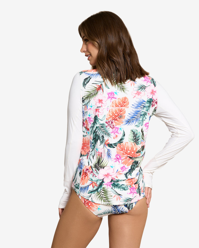 Women wearing printed white top with Hawaiian print long sleeve relaxed mock zip top with swimsuit bottom. (Style 3002J) - BloqUV