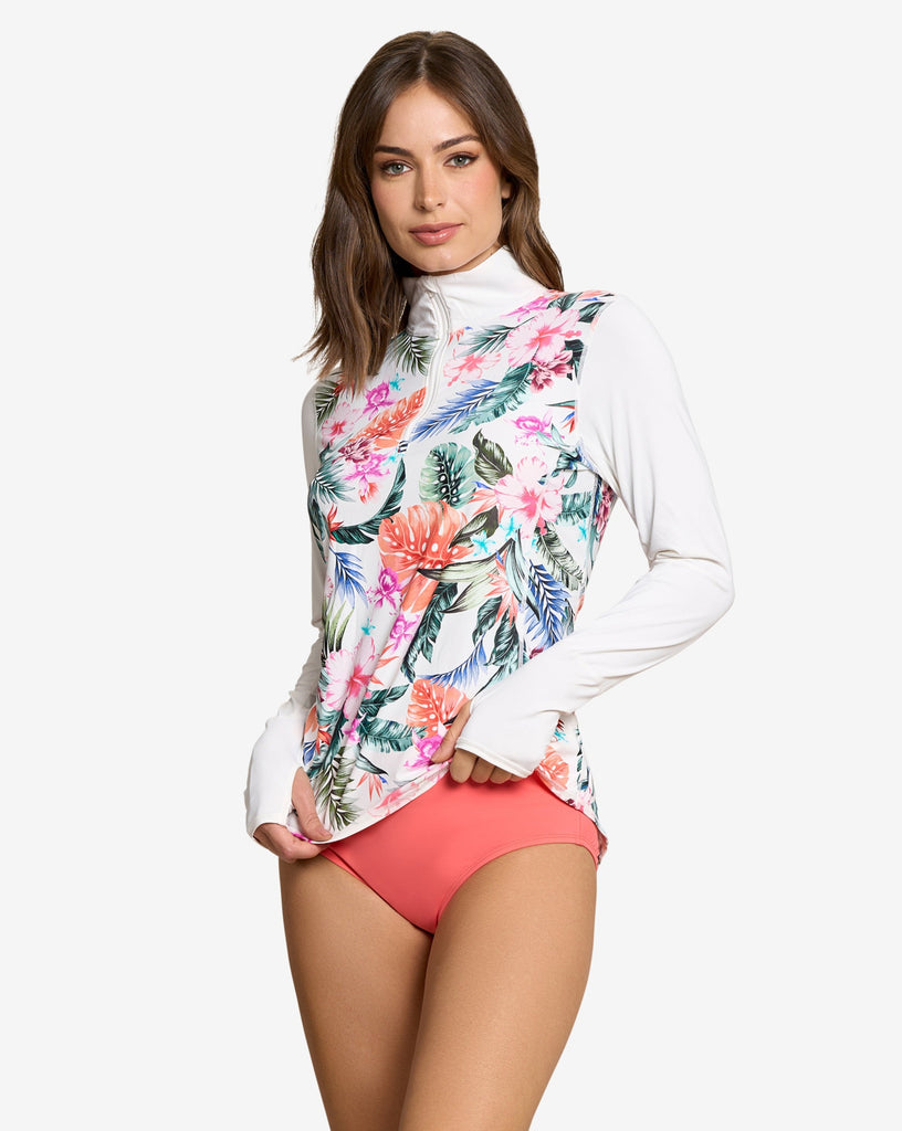 Women wearing printed white top with Hawaiian print long sleeve relaxed mock zip top with swimsuit bottom. (Style 3002J) - BloqUV