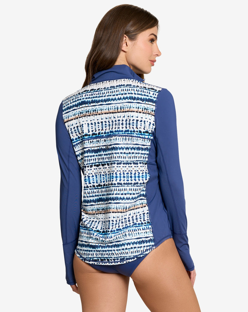 Women wearing printed top with water dunes print long sleeve 24/7 shirt with swimsuit bottom. (Style 3002J) - BloqUV