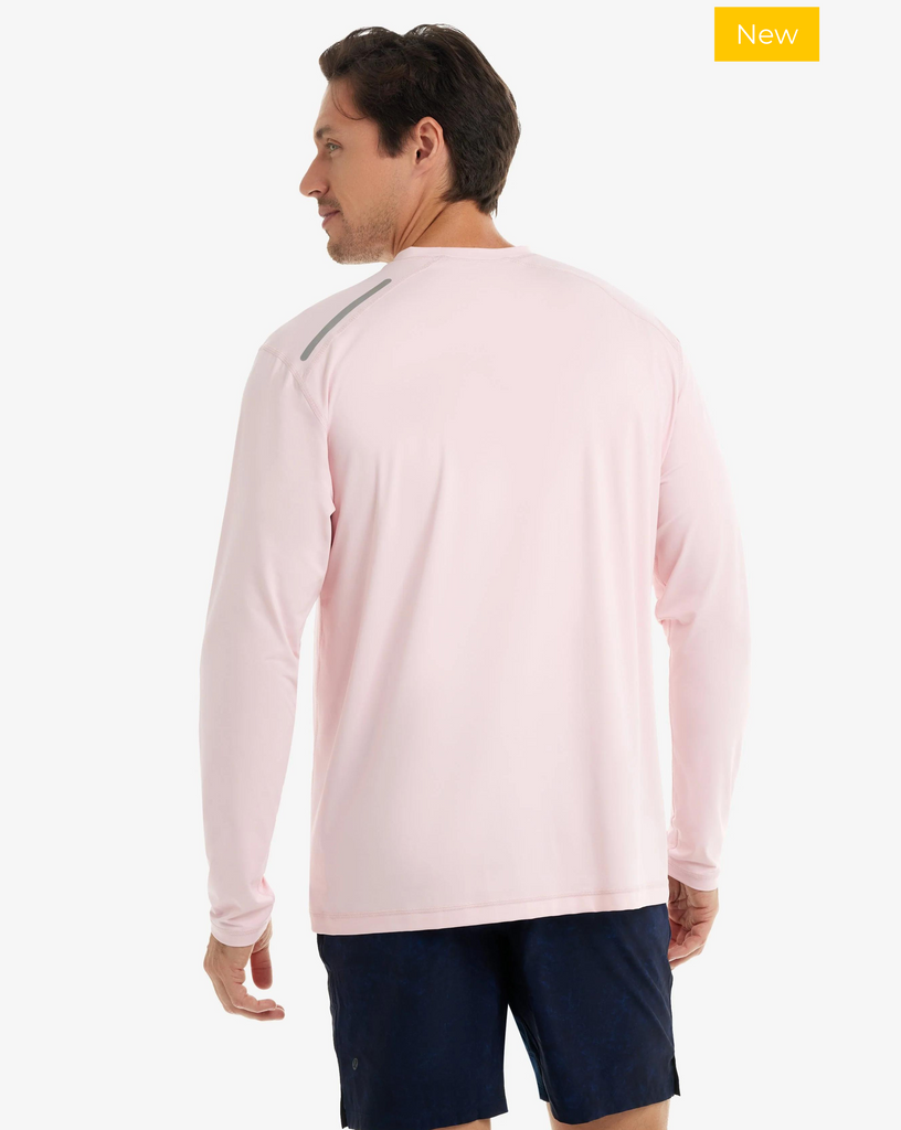 Man wearing long sleeve jet tee shirt in tickle me pink. Picture shows back of shirt. (Style 12002) - BloqUV