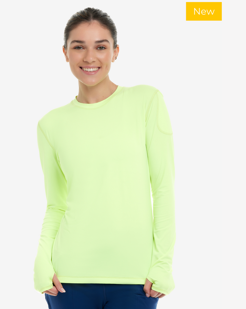 Women wearing neon yellow long sleeve 24/7 shirt with navy joggers. (Style 2001) - BloqUV