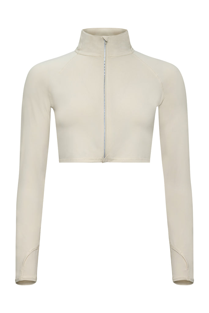 Women's sand full zip crop top on a white background. (Style 4010) - BloqUV