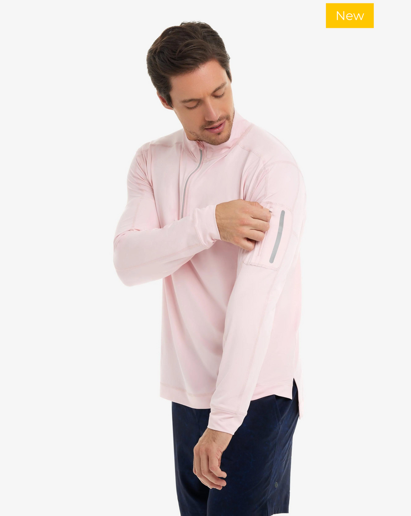 Man wearing long sleeve mock zip shirt in tickle me pink. (Style 12001) - BloqUV