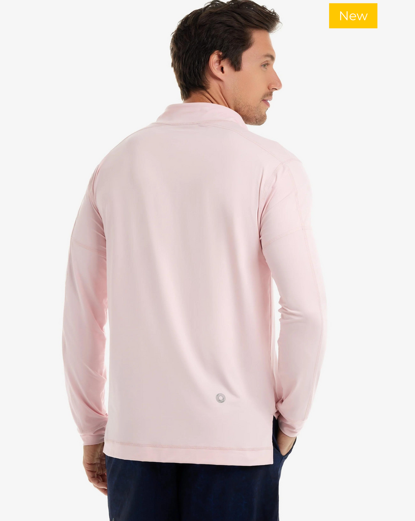 Man wearing long sleeve mock zip shirt in tickle me pink. (Style 12001) - BloqUV