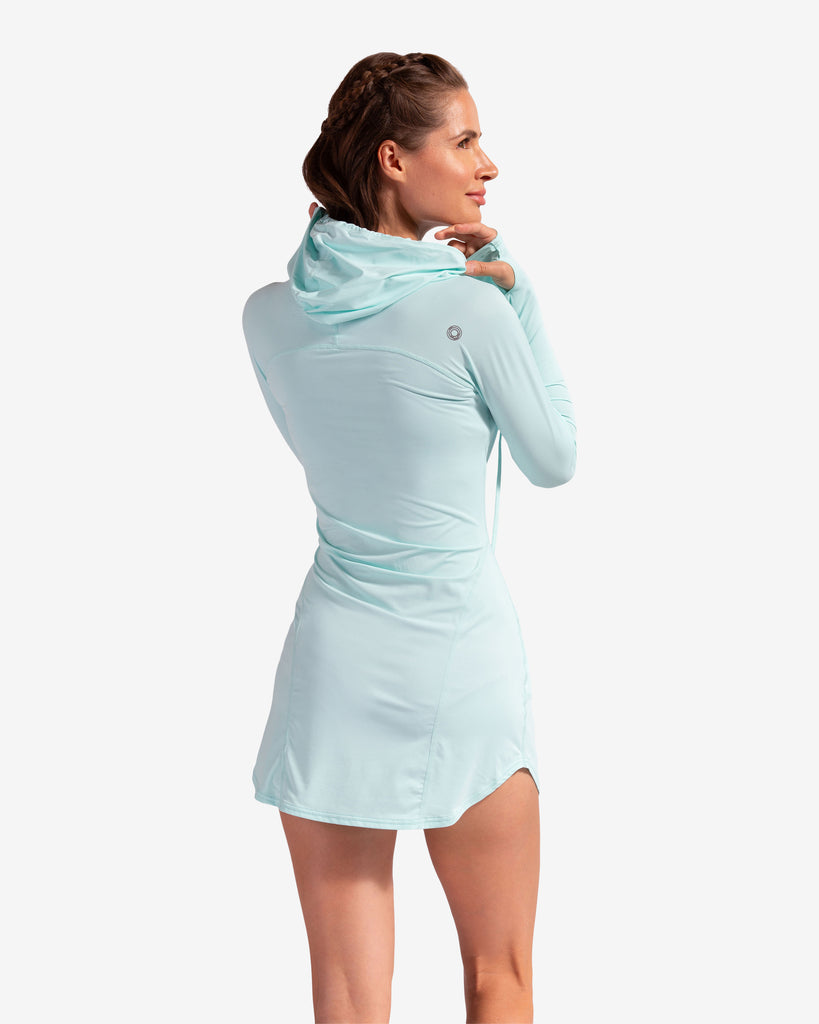 Women wearing mint hoodie dress. Picture shows back of dress. (Style 2009) - BloqUV