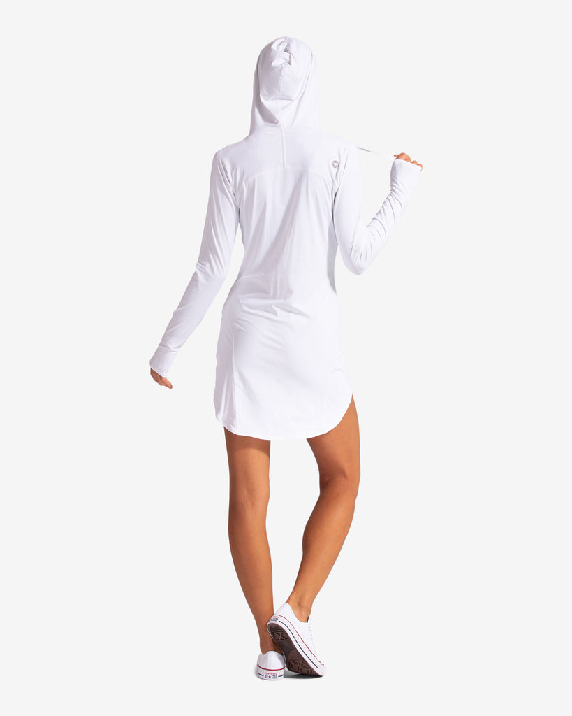 Women wearing white hoodie dress. Picture shows back of dress. (Style 2009) - BloqUV