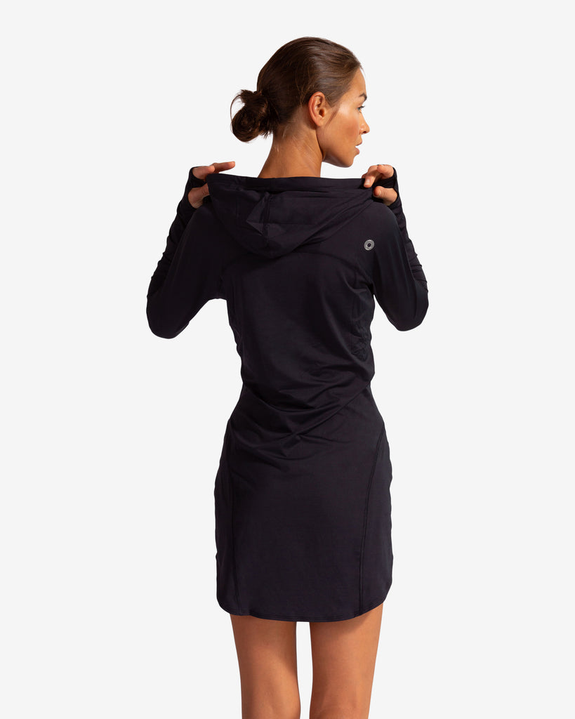 Women wearing black hoodie dress. Picture shows back of dress. (Style 2009) - BloqUV