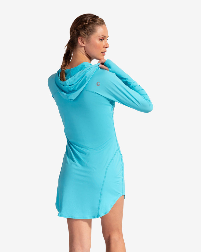 Women wearing light turquoise hoodie dress. Picture shows back of dress. (Style 2009) - BloqUV