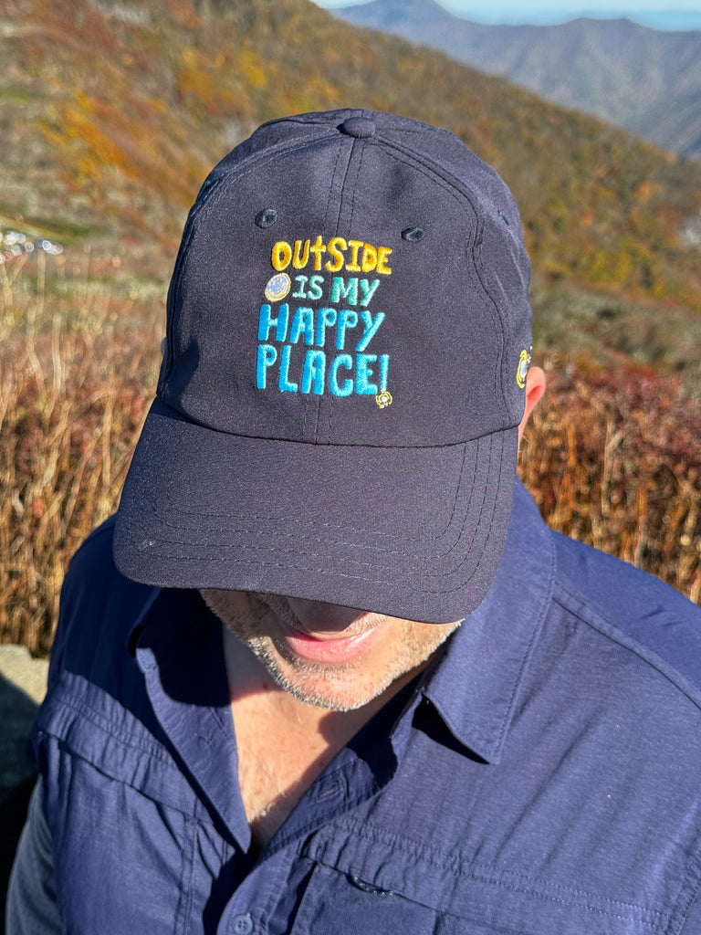 Navy cap with message saying outside is my happy place. (Style 5205) - BloqUV