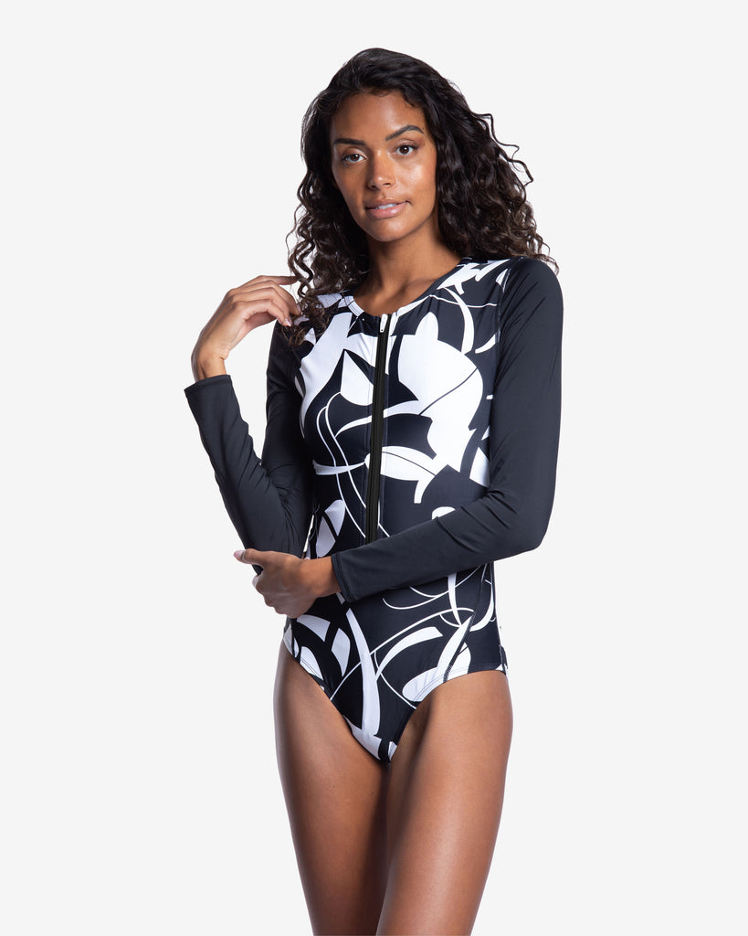 Women wearing botanical dominos print long sleeve paddlesuit with zipper. (Style 24350J) - BloqUV