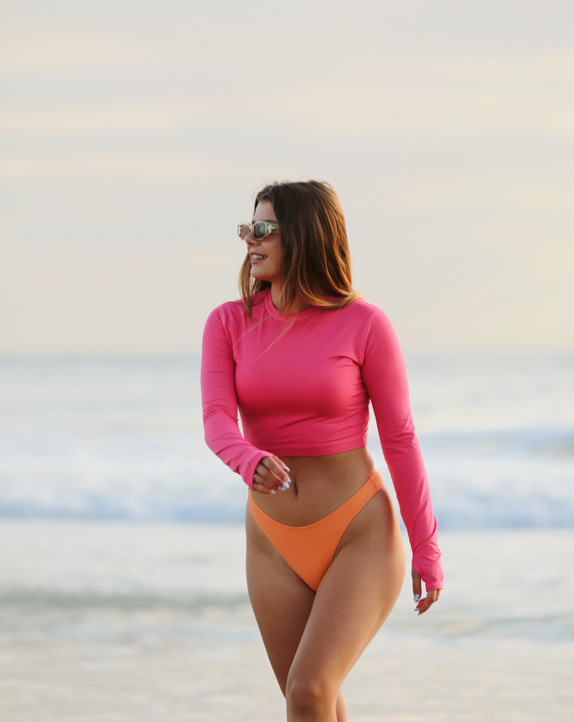 Women walking in the beach wearing watermelon everyday crop top with bikini bottom. (Style 4015) - BloqUV