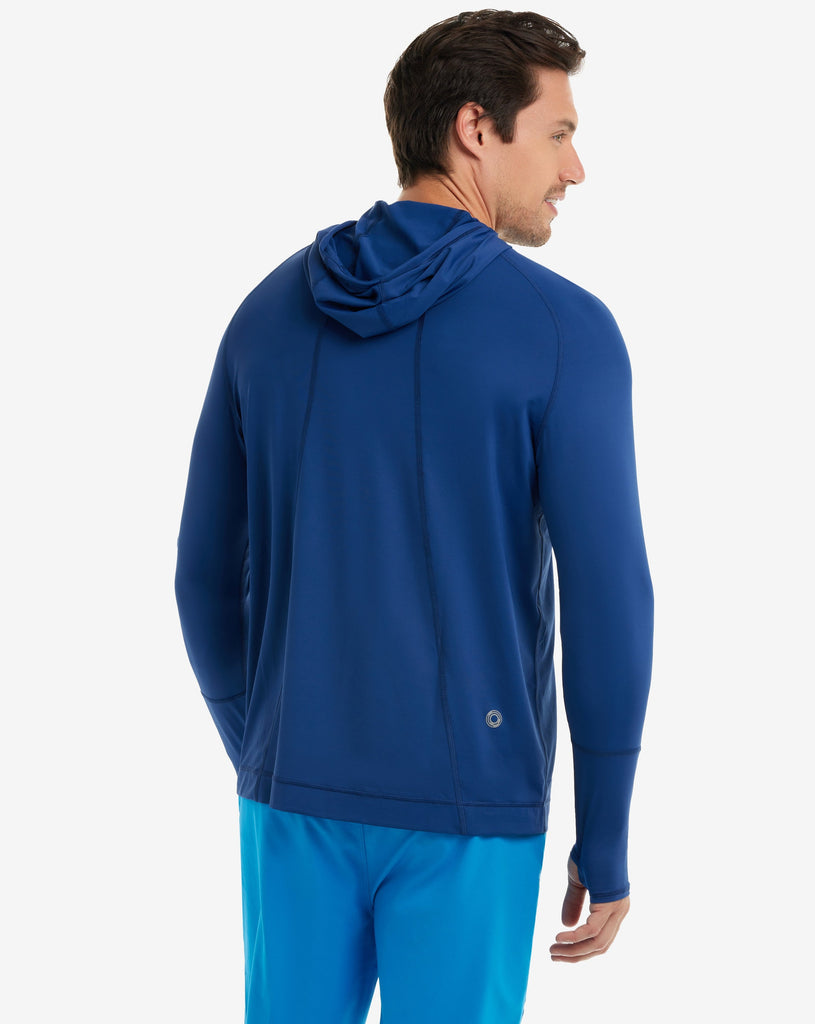 Men wearing navy color unisex long sleeve hoodie shirt. (Style 12007) - BloqUV