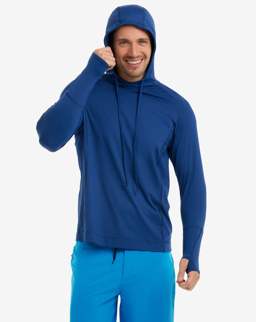 Men wearing navy color unisex long sleeve hoodie shirt. (Style 12007) - BloqUV