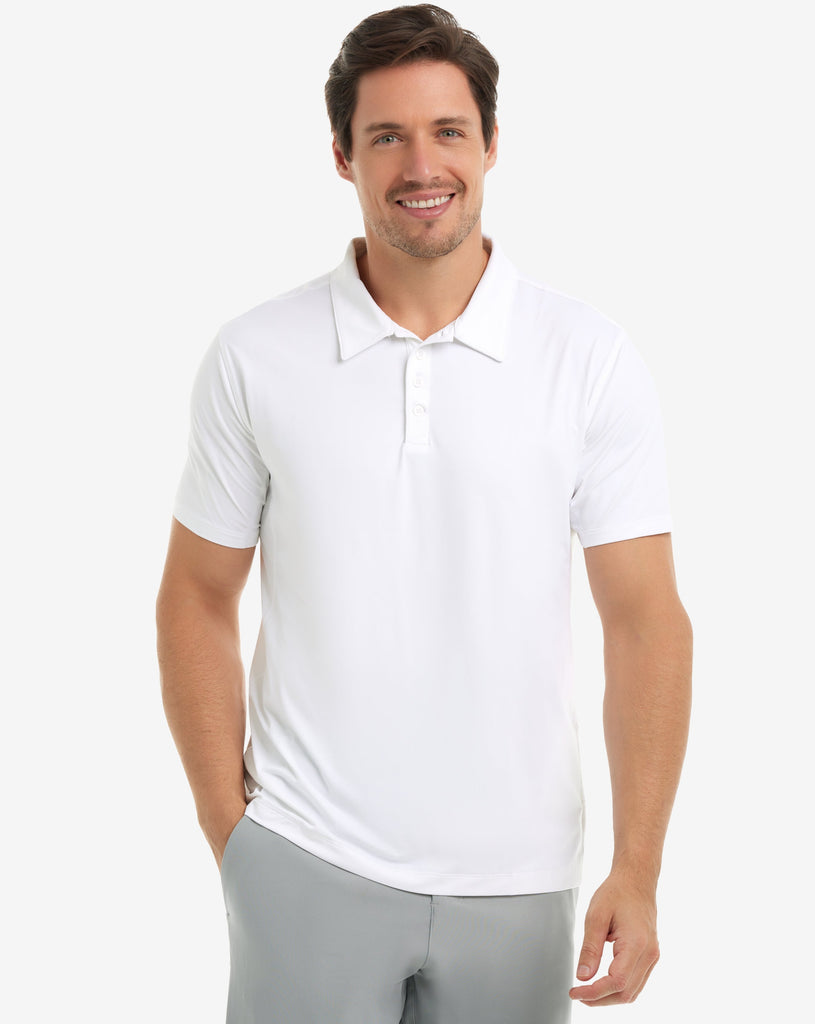 Man wearing short sleeve polo shirt in white. (Style 11004) - BloqUV