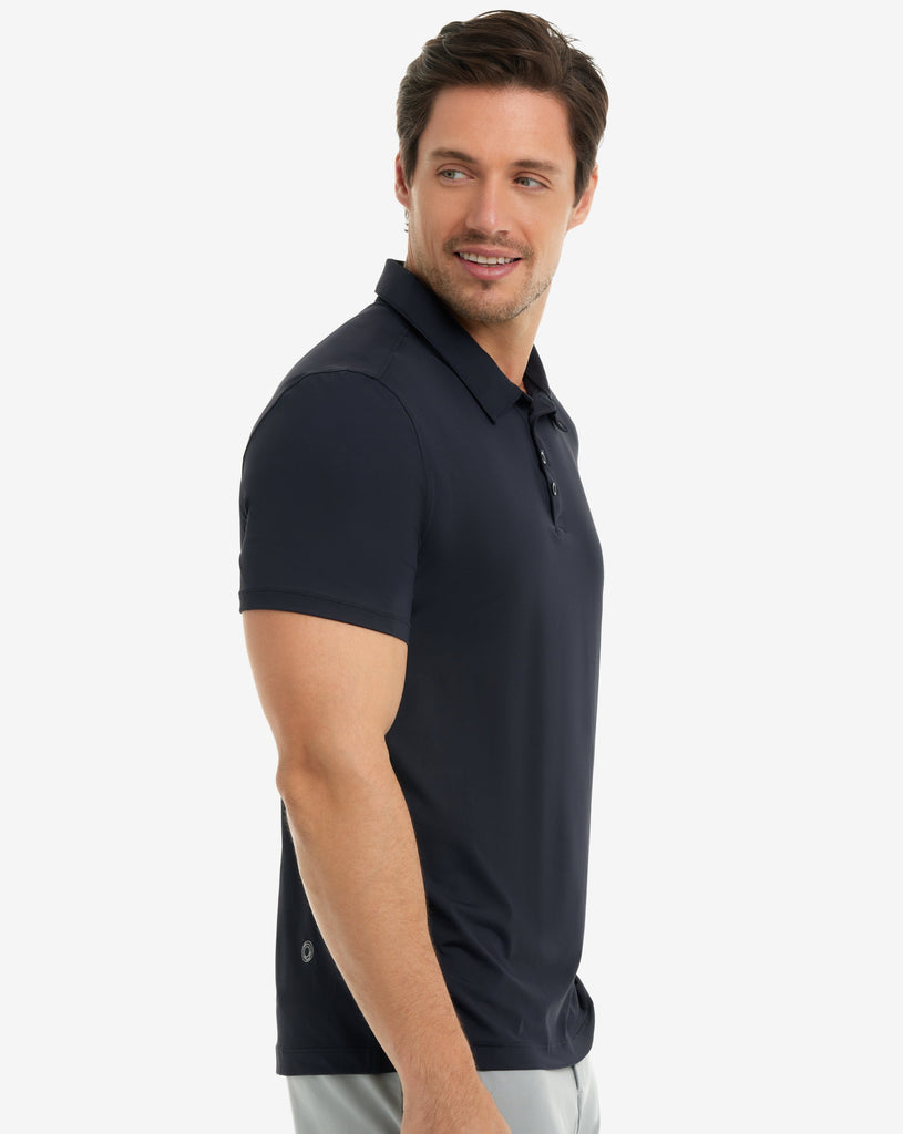 Man wearing short sleeve polo shirt in black. (Style 11004) - BloqUV