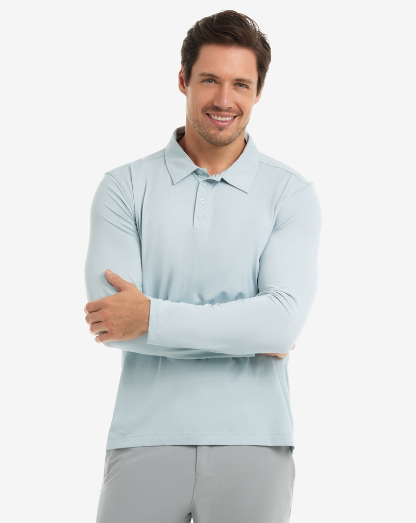 Man wearing long sleeve collared shirt in soft grey. (Style 12004) - BloqUV