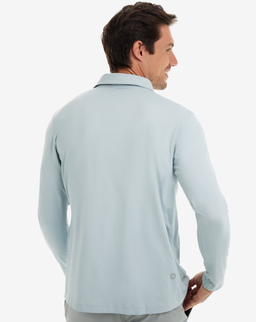 Man wearing long sleeve collared shirt in soft grey. Picture shows back of shirt.(Style 12004) - BloqUV