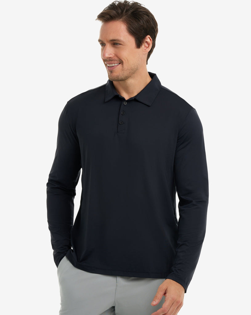 Man wearing long sleeve collared shirt in black. (Style 12004) - BloqUV