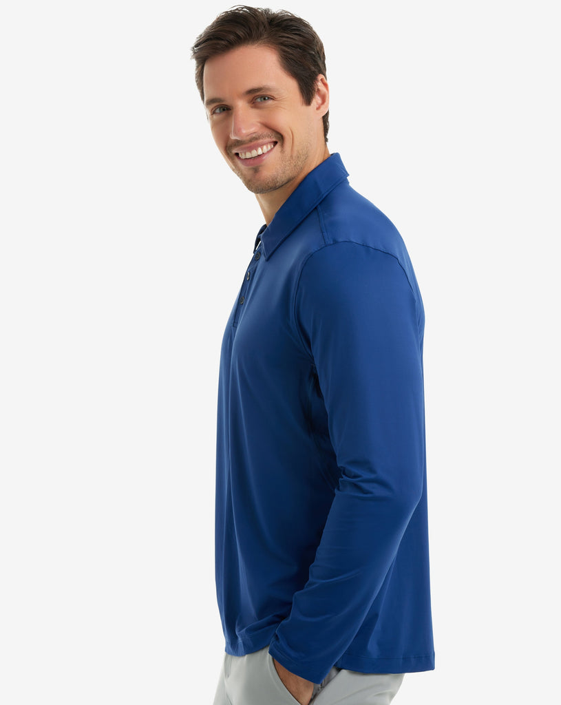 Man wearing long sleeve collared shirt in navy. (Style 12004) - BloqUV