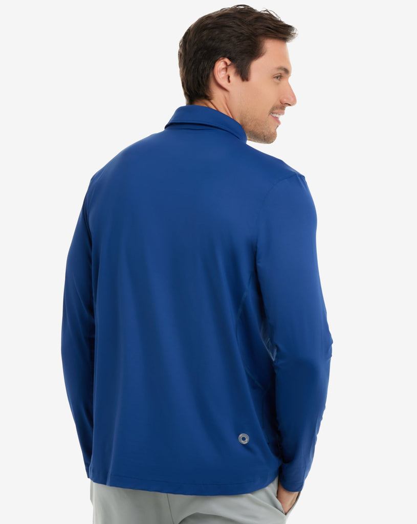 Man wearing long sleeve collared shirt in navy. (Style 12004) - BloqUV