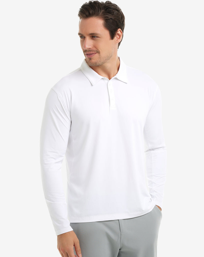 Man wearing long sleeve collared shirt in white. (Style 12004) - BloqUV