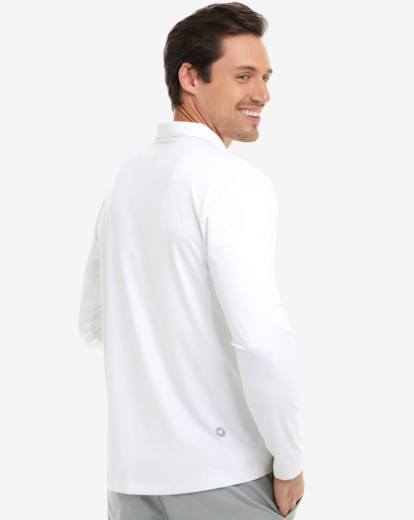 Man wearing long sleeve collared shirt in white. (Style 12004) - BloqUV