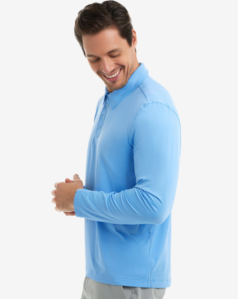 Man wearing long sleeve collared shirt in indigo. (Style 12004) - BloqUV