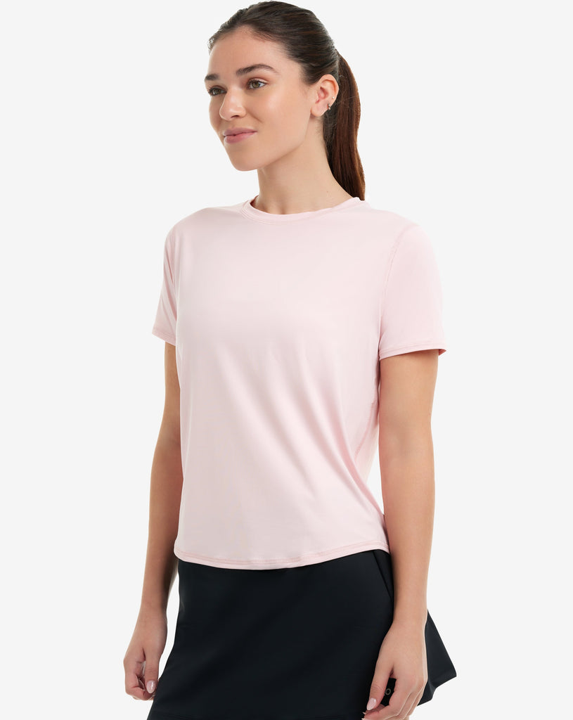 Women wearing tickle me pink short sleeve crew top with and black skirt. (Style 1101) - BloqUV