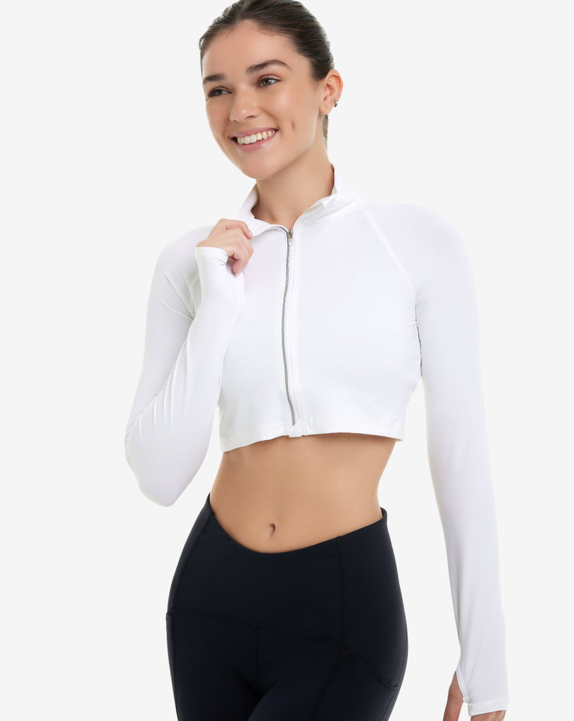 Women wearing white full zip crop top over tank top. (Style 4010) - BloqUV