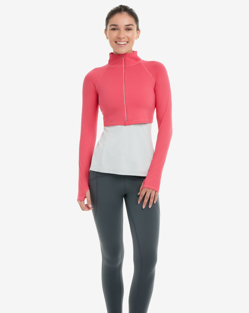 Women wearing watermelon full zip crop top over tank top with leggings. (Style 4010) - BloqUV