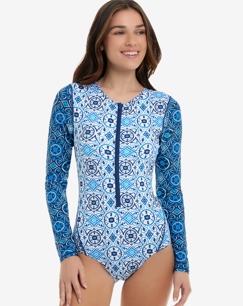 Women wearing moroccan tiles print long sleeve paddlesuit with zipper. (Style 24350J) - BloqUV